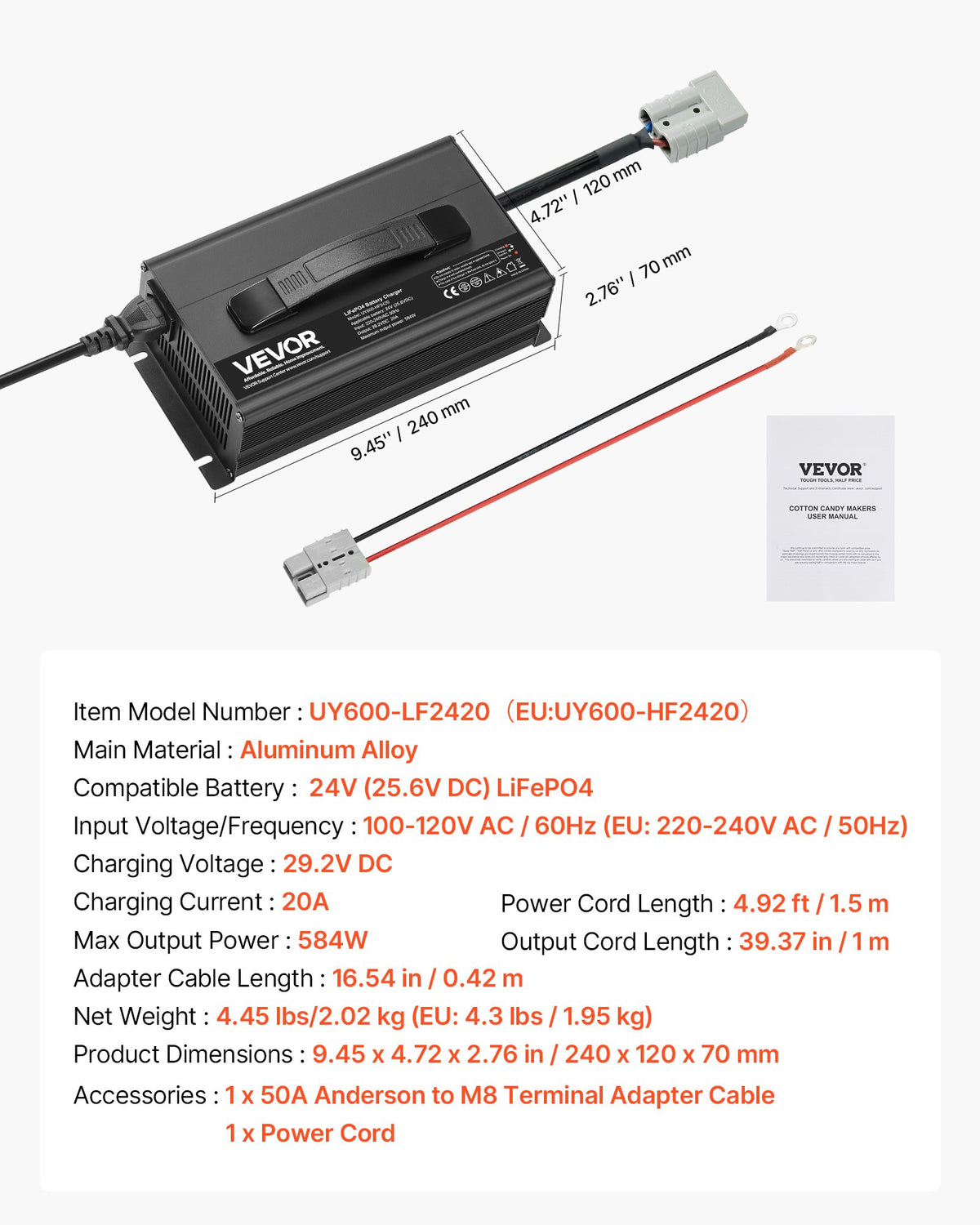 24V 20A litiumbatteriladdare, 29.2V, AC-DC LiFePO4 smart laddare, med Anderson-kontakt, LED-indikator, 0V-aktivering, för litium-LiFePO4-djupcykelladdningsbara batterier för båt, husbil