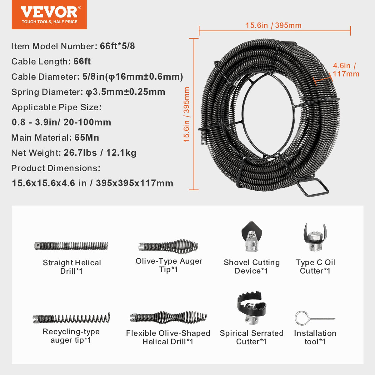 Sektionskabel för avloppsrensning 66FT/20.1 mx 5/8In/1.6 cm & 7 avbitartänger för rör 0.8"-3.9"/2-10 cm