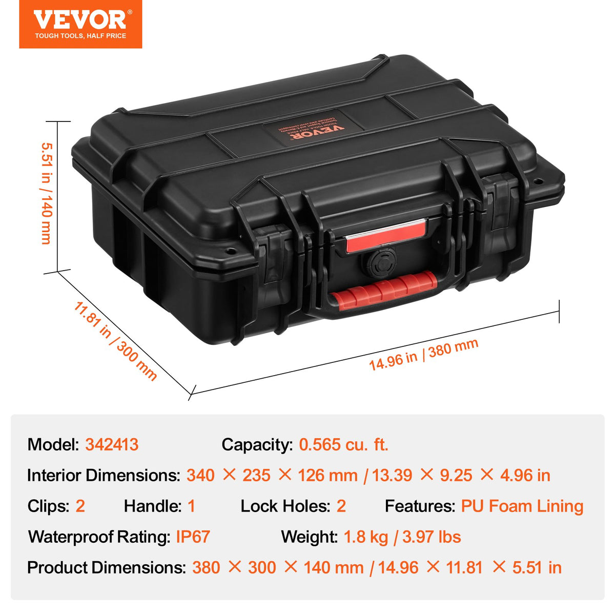 Weatherproof Hard Case, Heavy Duty Protective Dry Box Case with Pre-cut Foam, and Retractable Pull Handles for Travel, Hunting, Military, Tactical, IP67 Waterproof Case for Cameras (40x32x16.6)