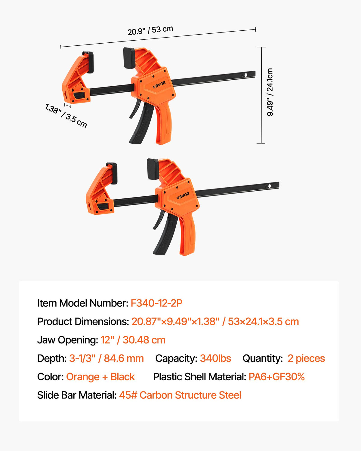 Stångklämmor för träbearbetning, 2-pack 30,48 cm enhandsklämma/spridare, snabbgreppande F-klämma med 154 kg belastningsgräns, premiumplast och kolstål, för träbearbetning metallbearbetning, orange + svart