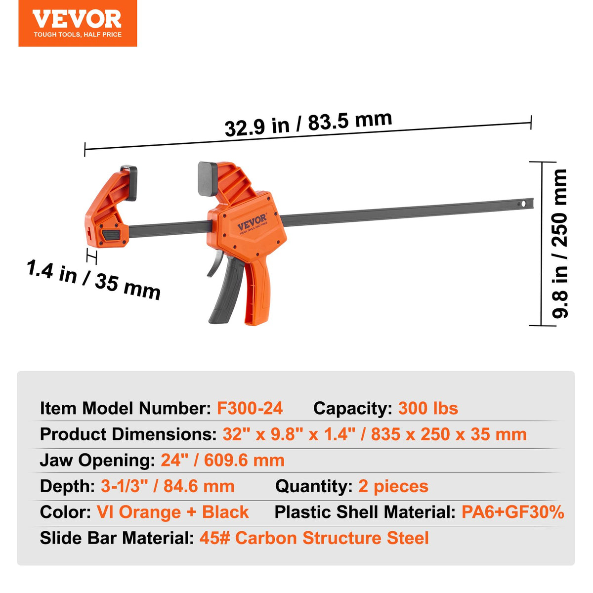 Bar Clamps for Woodworking, 2-Pack 24" One-Handed Clamp/Spreader, Quick-Change F Clamp with 300 lbs Load Limit, High-strength Plastic and Carbon Steel, Wood Clamps for Woodworking Metal Working