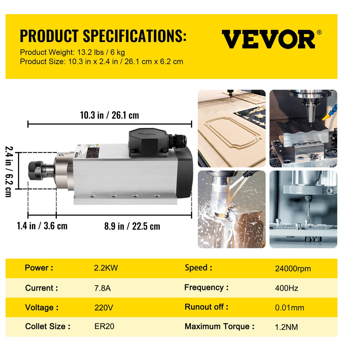 Luftkyld spindelmotor 2,2 kW CNC-spindelmotor 220 V fyrkantig luftkyld spindelmotor ER20 spännhylsa 24000 RPM CNC-spindel 6 A spindelmotor 400 Hz för CNC-router, gravyrfräsmaskin