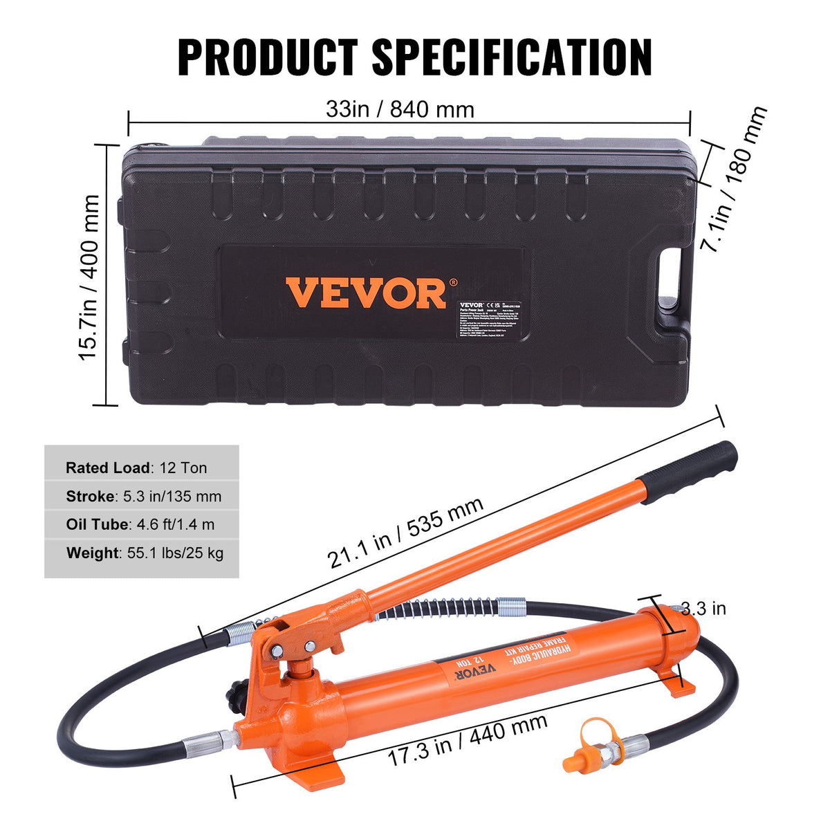 12 tons portabelt kraftpaket, hydraulcylinder med pump och 1,4 m oljeslang, bärbar hydraulisk domkraft med förvaringsväska för bil, garage, lantbruk, mekaniker (11 455 kg)