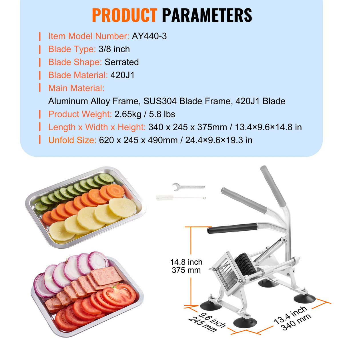 Kommersiell grönsaksskärare, 3/8 tums fruktskärare, grönsaksskärare i rostfritt stål och aluminiumlegering, manuell skivare med halkfria fötter, för rädisor, lök, potatis, citroner
