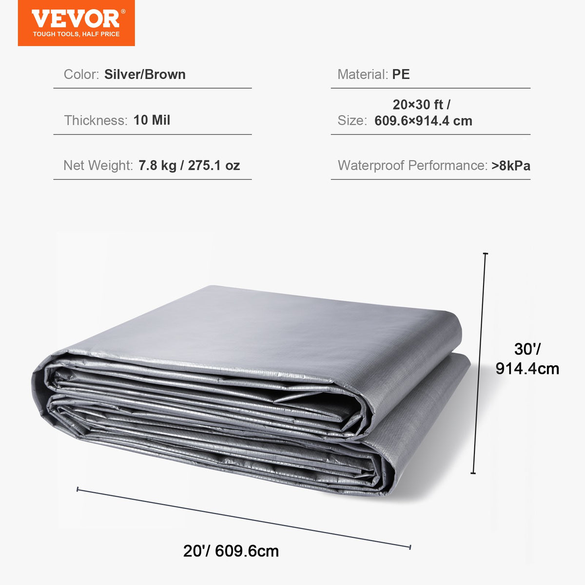 Vattentät presenning 609,6 x 914,4 cm, plastpolypresenning 0,25 mm, mångsidig, rivstark, UV- och temperaturbeständig utomhuspresenning med förstärkta öljetter och hög hållbarhet (silver/brun)