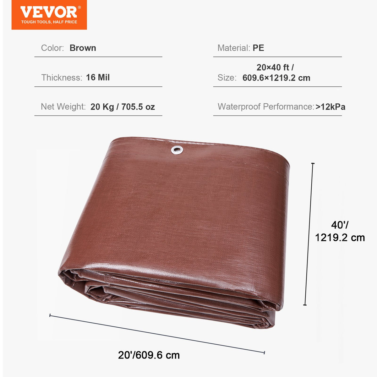 Presenning 609,6 x 1219,2 cm 0,41 mm extra tjock, vattentät presenning av polyplast, mångsidig utomhuspresenning med öljetter och förstärkta kanter för lastbil, husbil, båt, camping (brun)