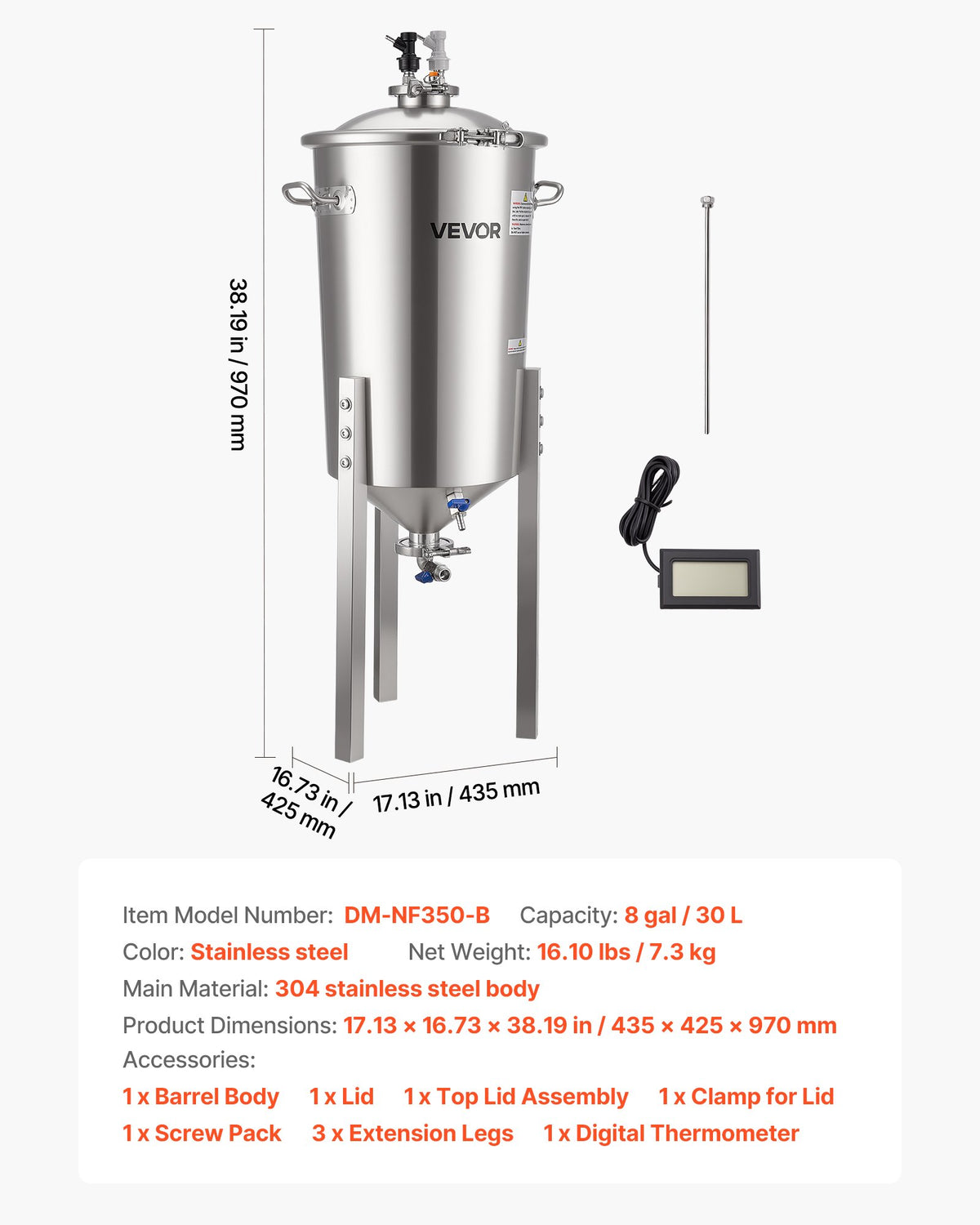 Stainless Steel Conical Fermenter, 8 Gal/30L Home Brewing Fermenation Tank, Brew Bucket Fermentor with Conical Bottom, 3 Adjustable Legs, Lid, Handle & Thermometer, for Wine, Beer Fermentation