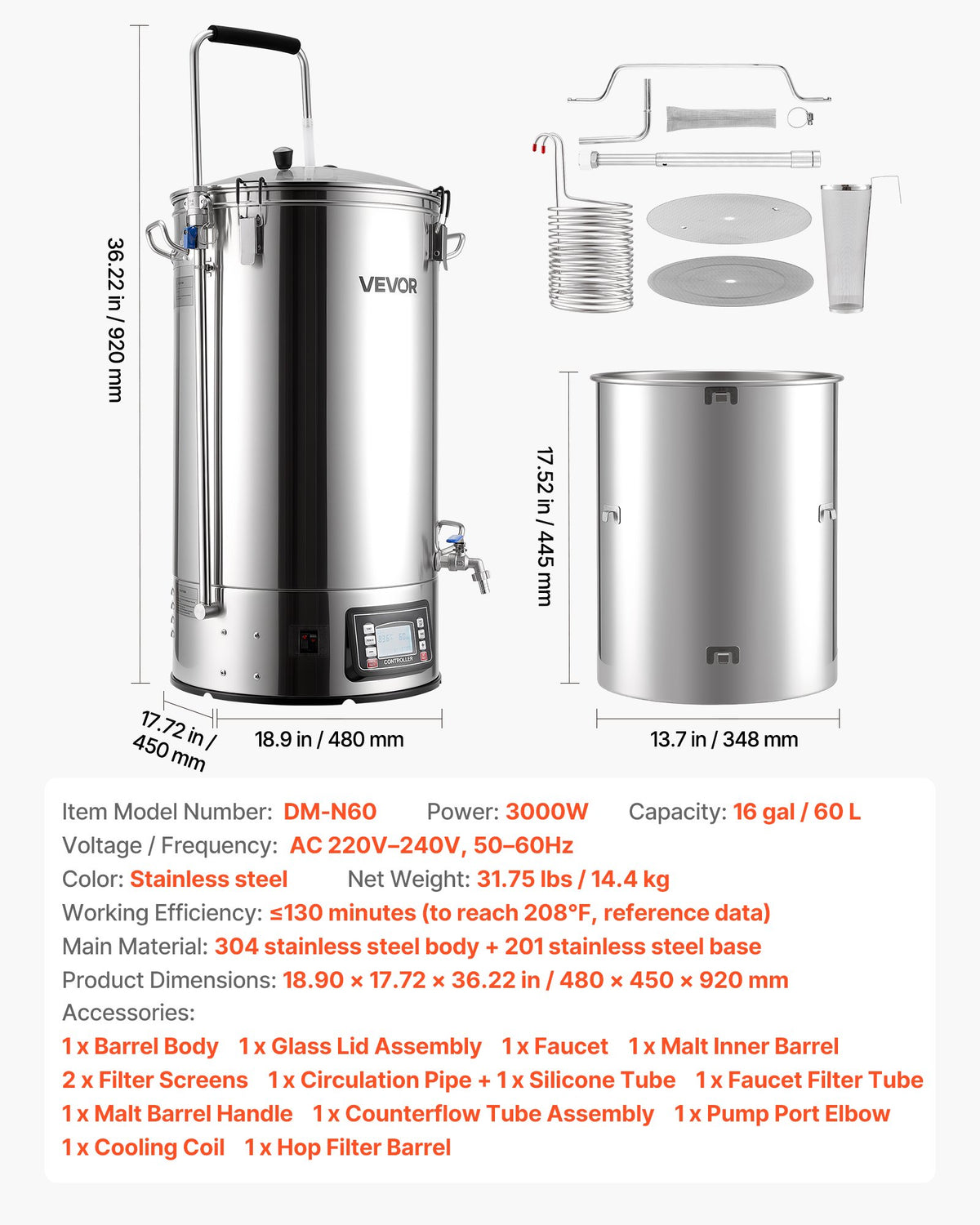 Electric Brewing System, 16 Gal/60L Brewing Pot, 3000W Power All-in-One Home Beer Brewer with Recipe Memory, Auto/Manual Mode Mash Boil Device with Control Panel, 25-100℃ Temp & 1-180 min Timer