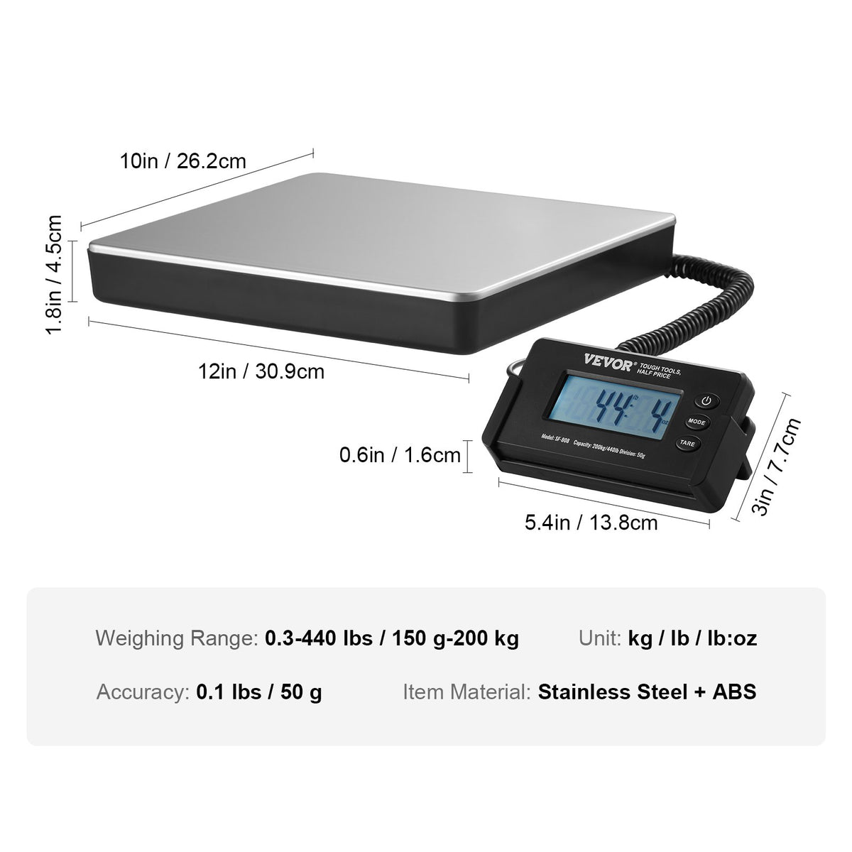Shipping Scale Digital Postal Scale 199.6 kg x 48 g, AC/DC Package LCD