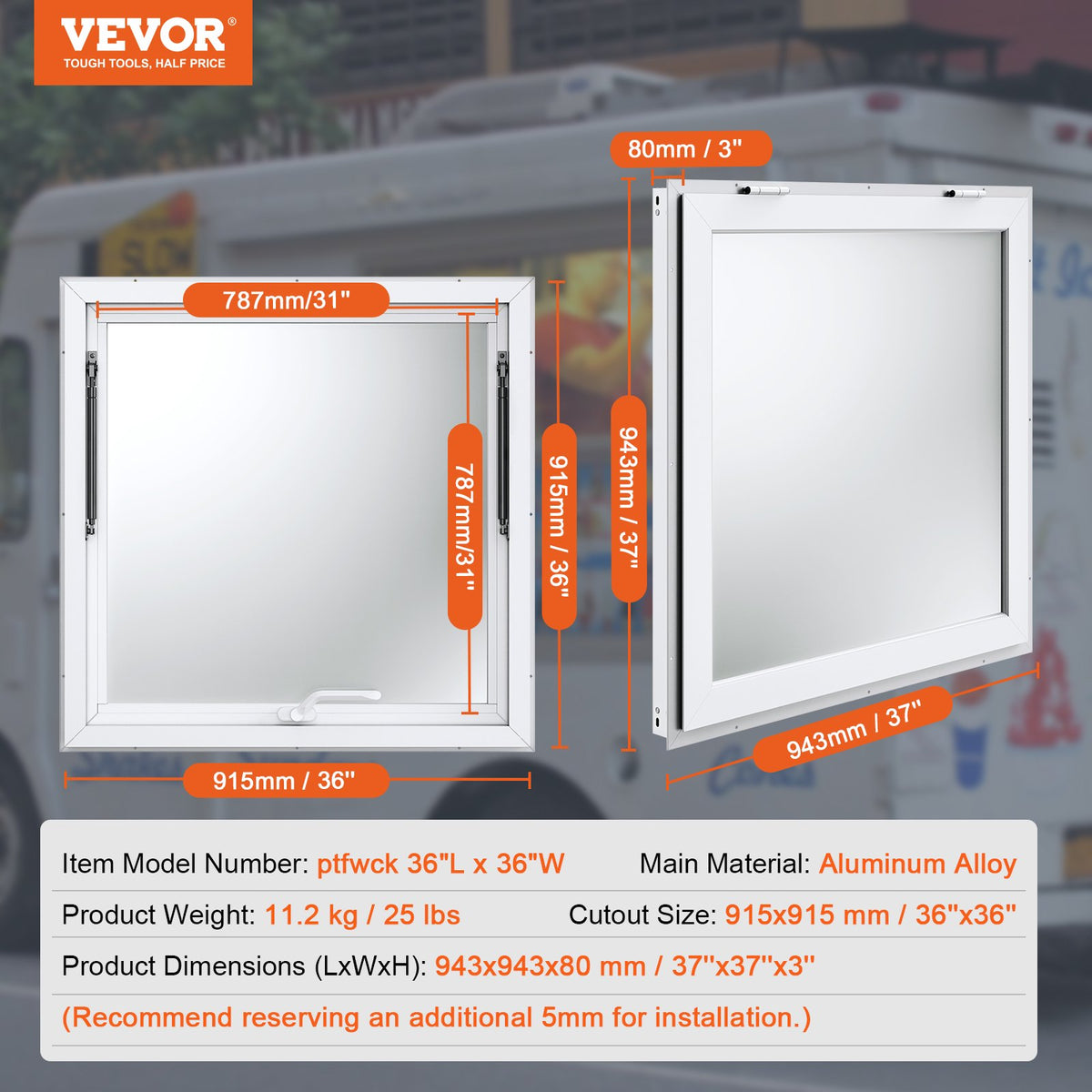 Concession Window 36"x36", Aluminum Alloy Food Truck Service Window with Awning Door & Drag Hook, Up to 85 Degrees Stand Serving Window for Food Trucks Concession Trailers, Glass Not Included