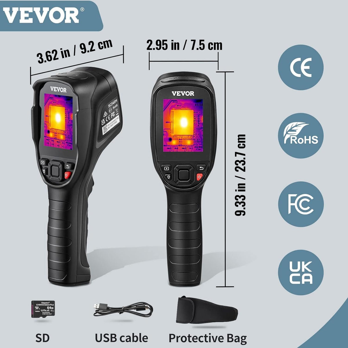 Värmekamera, 320 x 240 pixlars superupplösning med 2MP visuell kamera, 25Hz uppdateringsfrekvens infraröd kamera med -4℉~1022℉ temperatur, 64G SD-kort och uppladdningsbart litiumjonbatteri