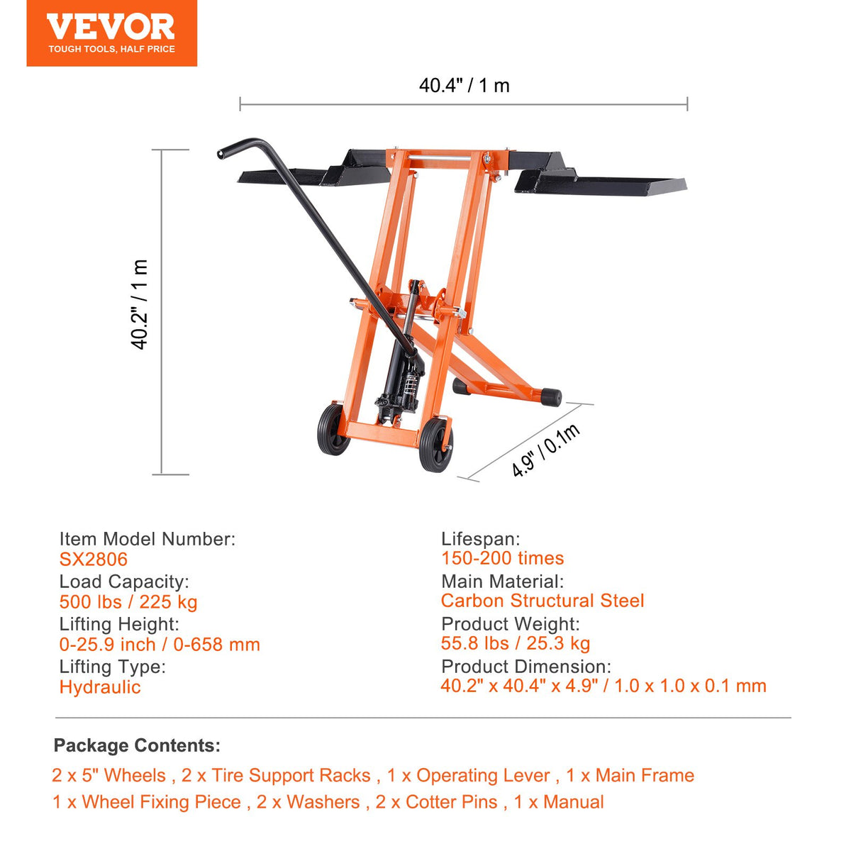 Gräsklipparlyft med hydraulisk domkraft, 500 lbs viktkapacitet, gräsklipparlyft i massivt kolstål, justerbar rörlig gräsklipparlyft för åktraktorer och nollsvängsgräsklippare, orange