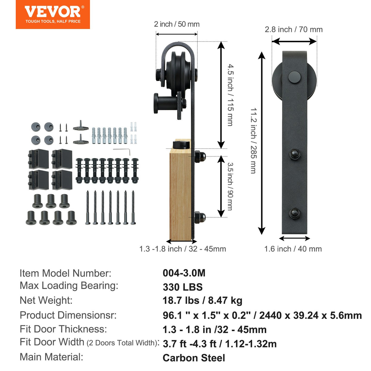 243.8 cm Sliding Barn Door Hardware Kit, 149.7 kg Heavy Duty Barn Door Track Kit for Double Doors, Fit 112-131cm Total Width and 3.3-4.6cm Thick 2 Door Panels, with Smooth & Silent Pulley (J Shape)