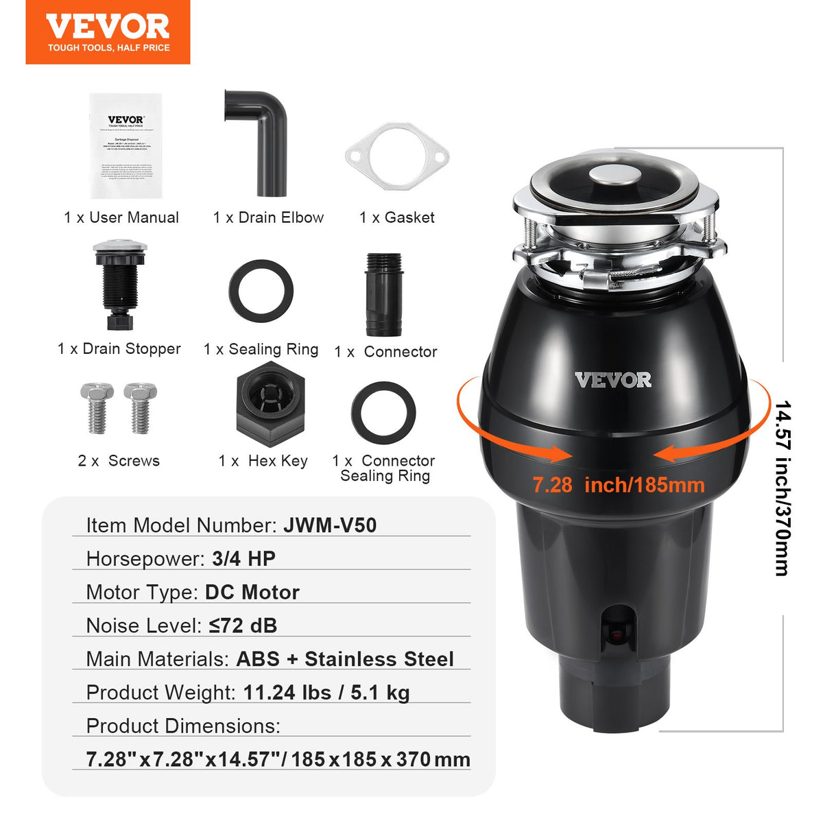 Garbage Disposal 3/4 HP Continuous Food Waste Disposer 3600 RPM 3-Bolt
