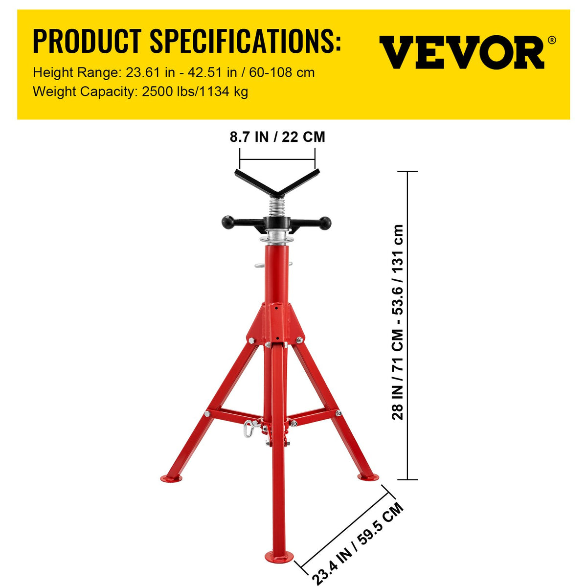 V-huvudrörställ 0,3-30,5 cm kapacitet, justerbar höjd 71,1-132,1 cm, rörhöjarställ 1133,9 kg lastkapacitet, bärbara hopfällbara rörställ, kolstålskropp mer hållbar