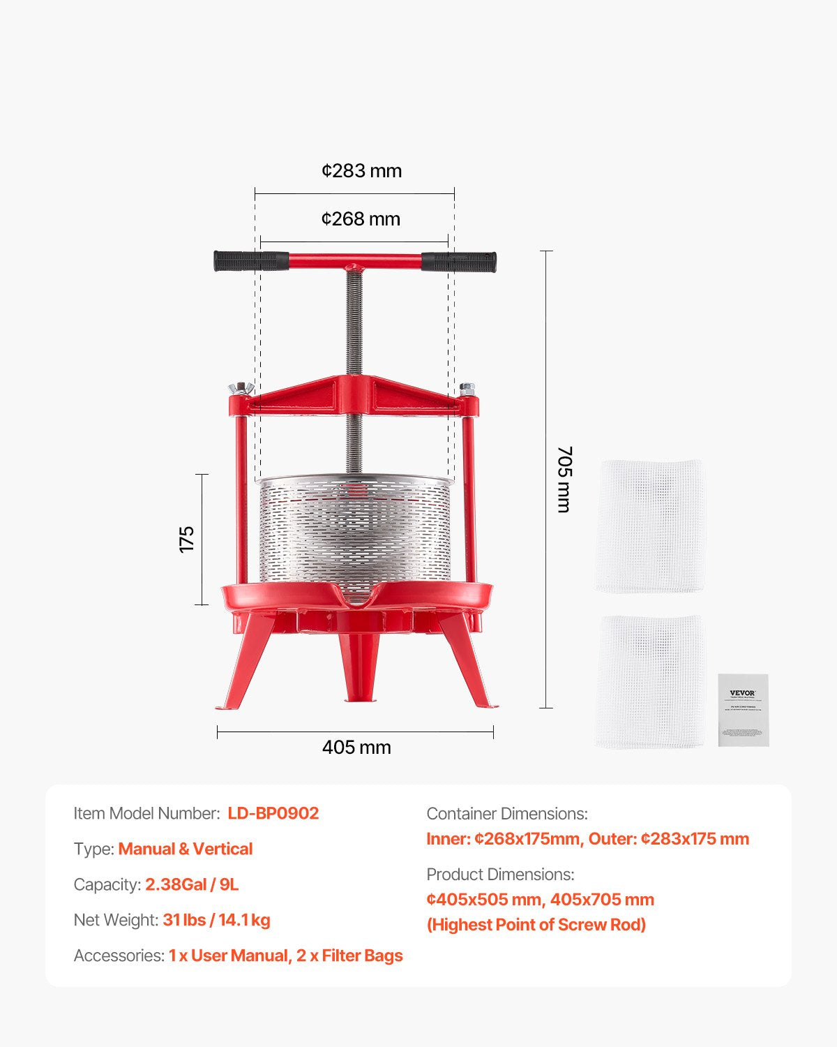 2,38 gal/9 l fruktvinpress, korg i rostfritt stål med tvärbalk och triangulär struktur, manuell juicepress, cider-, äppel- och druvtinkturpress med T-handtag för kökshem
