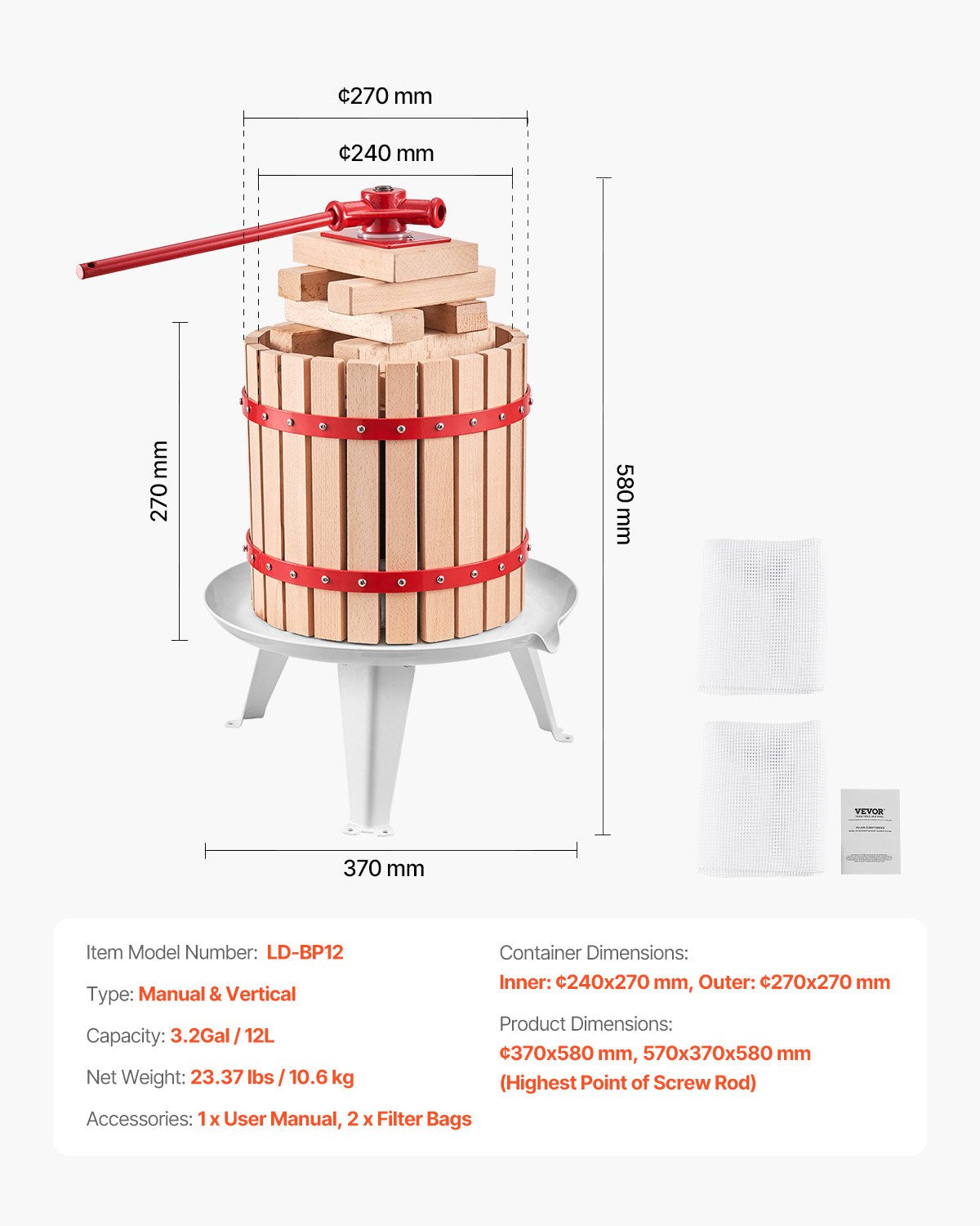 3,2 gal/12 l fruktvinpress, massiv träkorg med 8 block, kraftig manuell juicemaskin, cider-äpple-druvtinktur-honung-olivoljepress med handtag för kök, hem