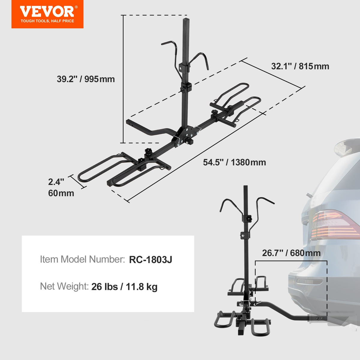 Cykelhållare för dragkrok, plattformsmodell för 2 cyklar, maxkapacitet 36 kg, dragkrok för 3,8 cm fäste, fällbar cykelhållare med däck upp till 6,4 cm breda, för bil, SUV, lastbil, husbil