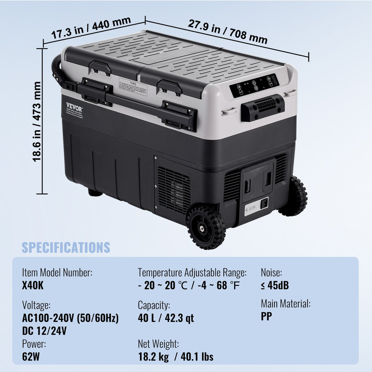 Bärbart bilkylskåp, 12 volts bilkylskåp, 40 l / 42,3 qt bärbar frys med dubbla zoner, -4℉-68℉ justerbar temperatur, kompressorkylare för hem, utomhus, camping, husbil, bil