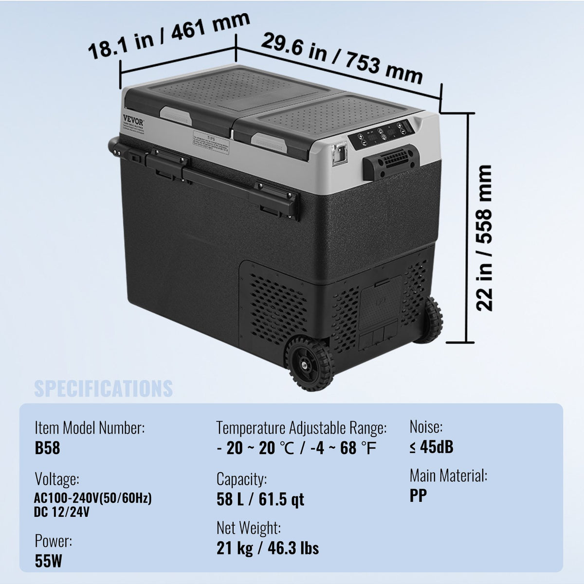 Bärbart bilkylskåp, 12 volts bilkylskåp, 58 l / 61,5 qt bärbar frys med dubbla zoner, justerbar temperatur -4℉-68℉, kompressorkylare för hem, utomhusbruk, camping, husbil, bil