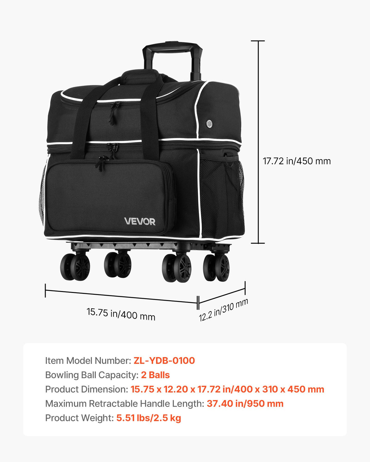 Bowling Ball Bag, 2 Ball Four Roller Bowling Bag with Wheels, Featuring a Separate Compartment for Shoes (Up To US Size 16) & Oversized Accessory Pocket, Retractable Handle Extends to 950 mm