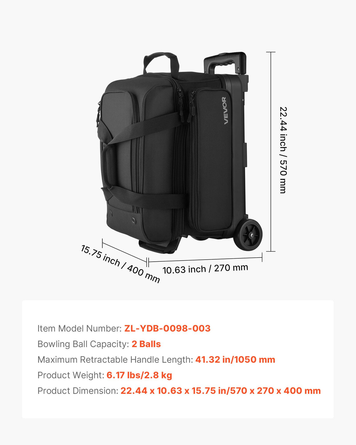 Bowling Ball Bag, 2 Ball Double Roller Bowling Bag with Wheels, Featuring a Separate Compartment for Shoes (Up To US Size 16) & Oversized Accessory Pocket, Retractable Handle Extends to 1050 mm