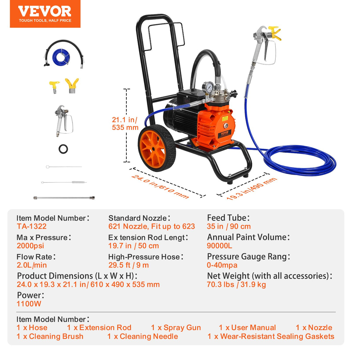Membranspruta med högtrycksmotor, 1100 W effektivitetsvagn med högtrycksmotor, 2000 psi högtrycksspruta med högtrycksmotor, med förlängningsstång, för sprutning inomhus och utomhus