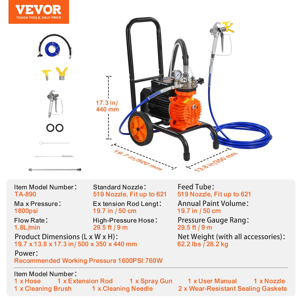 Diaphragm Airless Paint Sprayer, 900 W Efficiency Cart Airless Paint Sprayer, 1800 psi High Pressure Paint Airless Sprayer, with Extension Bar, for Home Interior and Exterior Spraying