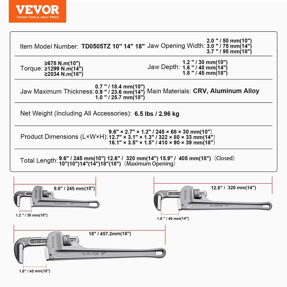 3-delad rörtängersats, 10" 14" 18" rak rörtänger i aluminium, justerbar VVS-nyckel, med höghållfast käft och ergonomiskt handtag, upphängbar design, för vattenrör, bilreparationer