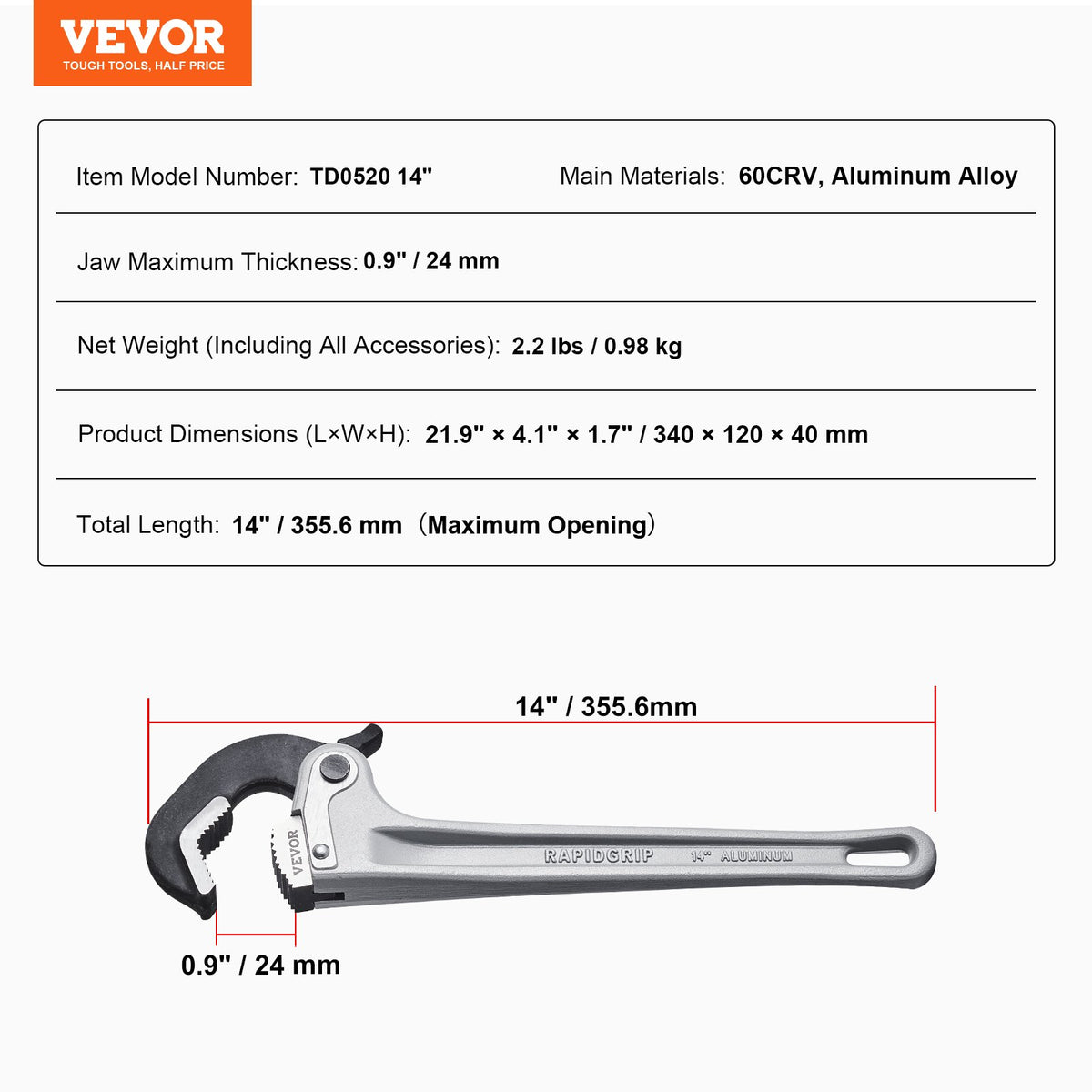 Rörtång, 14" rak rörtång i aluminium, automatisk käftjustering, justerbar rörmokeri, lätt att bära, ergonomiskt handtag, upphängbar design, för vattenrör, bilreparationer