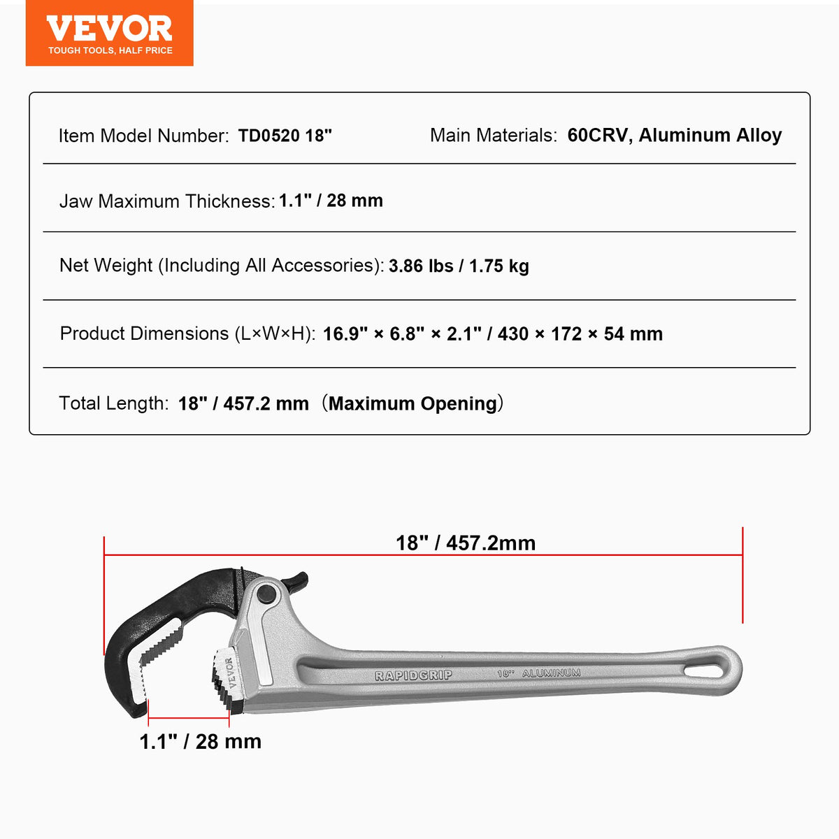 Rörtång, 18" rak rörtång i aluminium, automatisk käftjustering, justerbar rörmokeri, lätt att bära, ergonomiskt handtag, upphängbar design, för vattenrör, bilreparationer