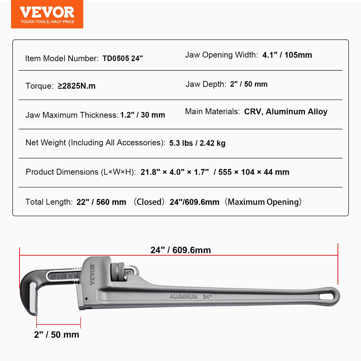 Rörtång, 24" rak rörtång i aluminium, justerbar VVS-nyckel, med höghållfast käft och ergonomiskt handtag, lätt att bära, hängbar design, för vattenrör, bilreparationer