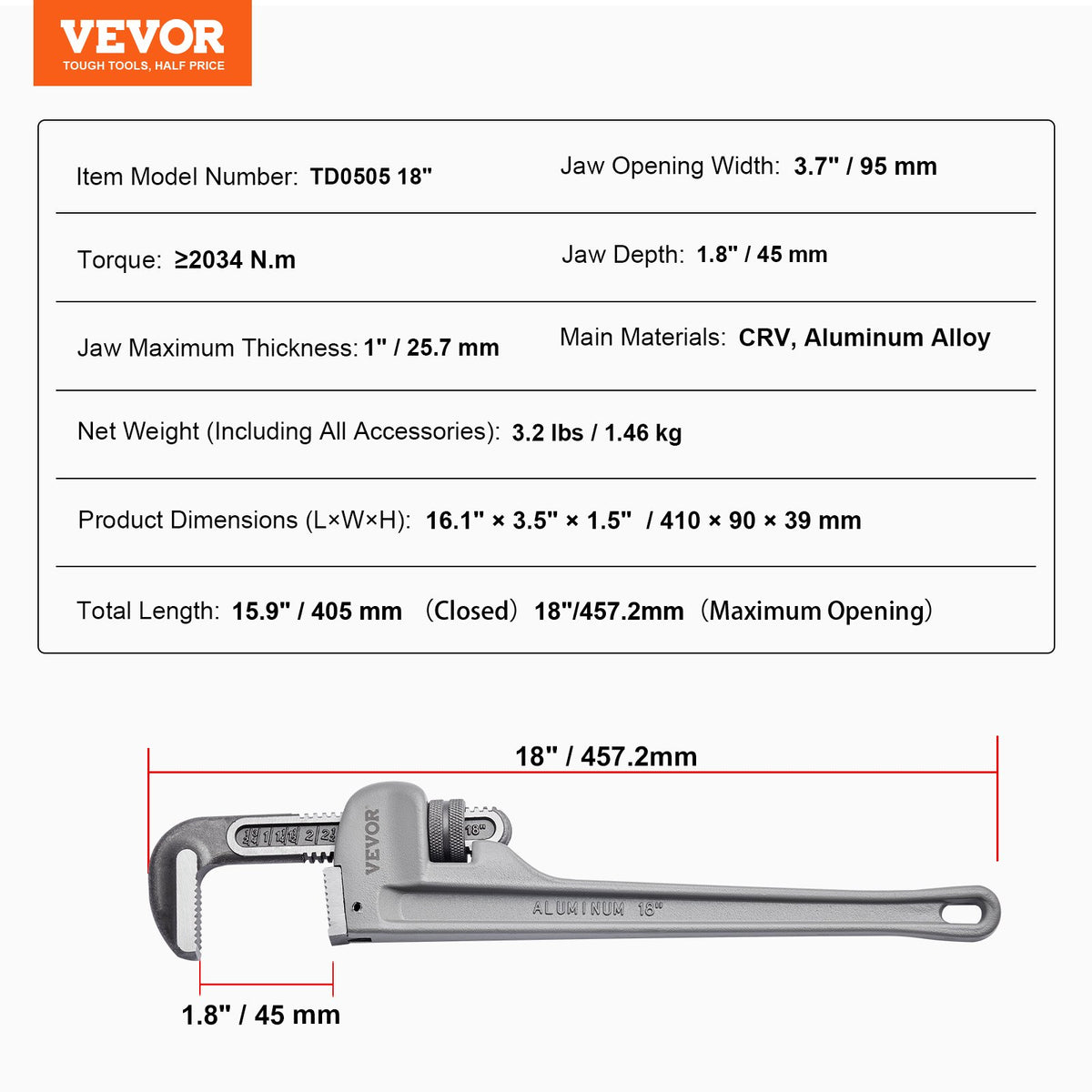 Rörtång, 18" rak rörtång i aluminium, justerbar VVS-nyckel, med höghållfast käft och ergonomiskt handtag, lätt att bära, hängbar design, för vattenrör, bilreparationer