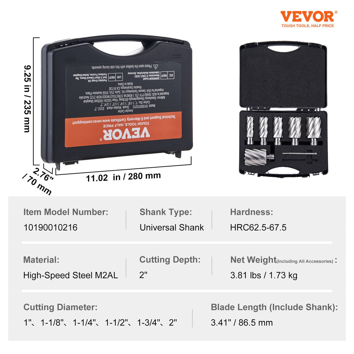 Annular Cutter Set, 6 pcs Universal Shank Mag Drill Bits, 5.1 cm Cutting Depth, 2.5 to 5.1 cm Cutting Diameter, M2AL High-Speed Steel, with 2 Pilot Pins and Portable Case, for Using with Magnetic Drills