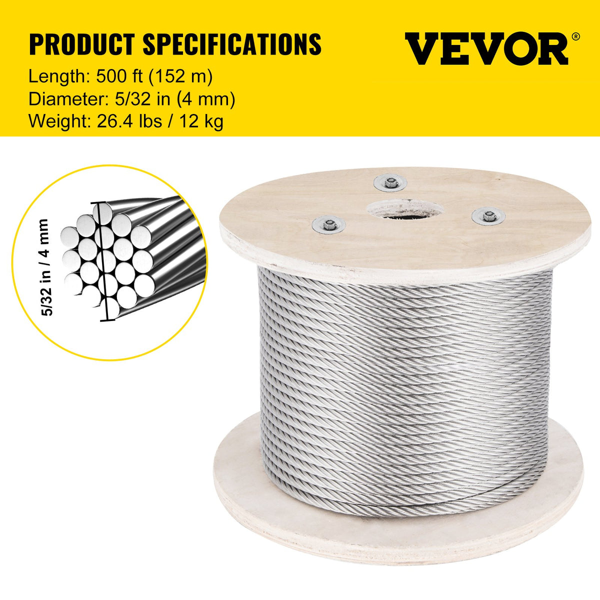 316 rostfritt stålvajer, 500 fot rostfritt stålvajer med 5/32 tums diameter och 1x19 konstruktion, 3300 pund brottstyrka stålvajer för utomhusräcke, altan, gör-det-själv-balustrad