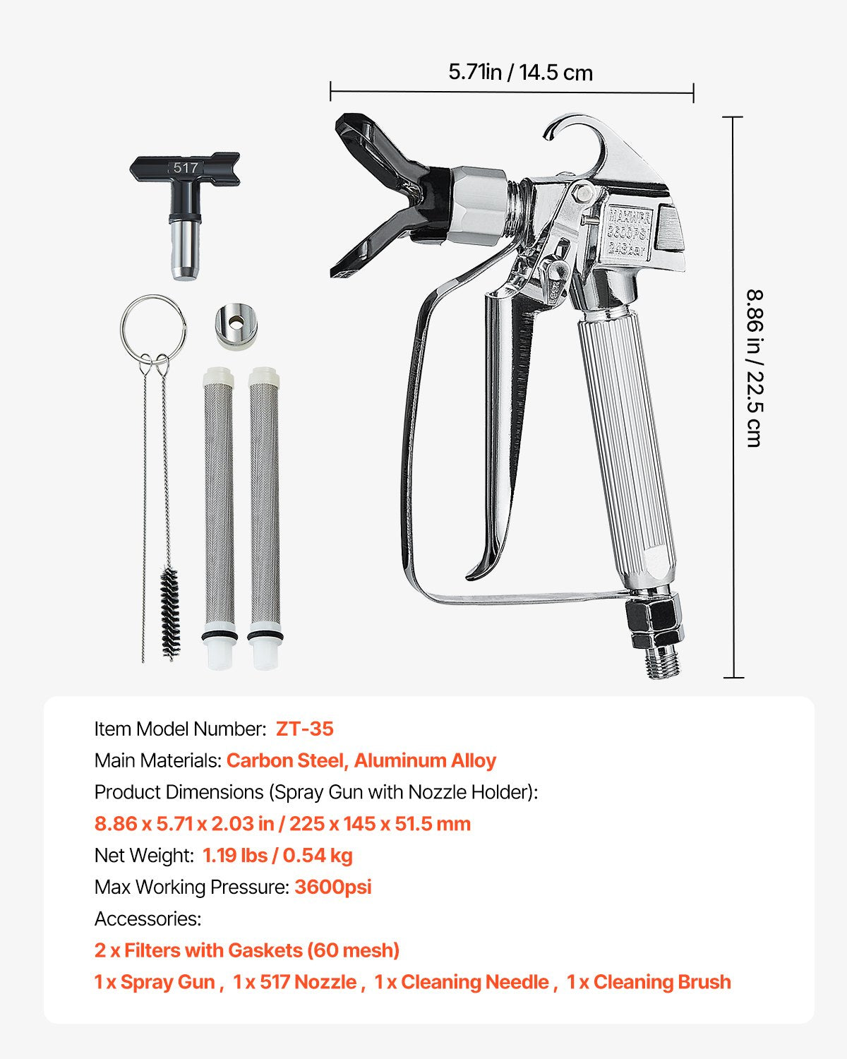 Högtryckssprutpistol, 3600PSI högtryckssprutpistol med 517-munstycke, svängbar högtryckssprutpistolsats med filter, rengöringsnål och borste, för högtryckssprutmaskin