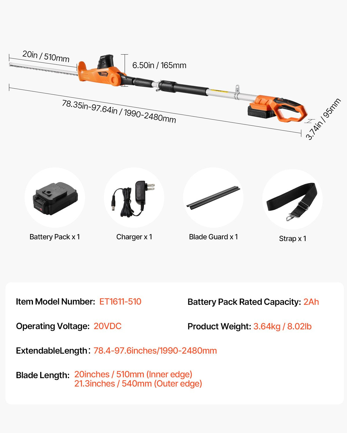 Elektrisk häcksax, 1200 varv/min, 1,8–2,2 m utdragbar, stånghäcksax för höga grenar, 20 V batteri, sladdlös häcksax med 50 cm blad, 5 justerbara vinklar för trädgården