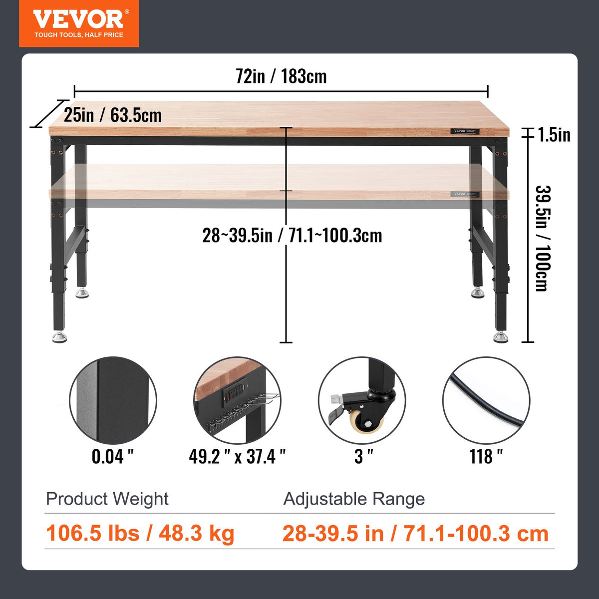 Justerbar arbetsbänk, arbetsbordsskiva, mått: 180 x 61 cm, justerbar höjd: 74-100 cm, maxbelastning 1460 kg, bord med eluttag, träskiva för kontor, hemmagarage