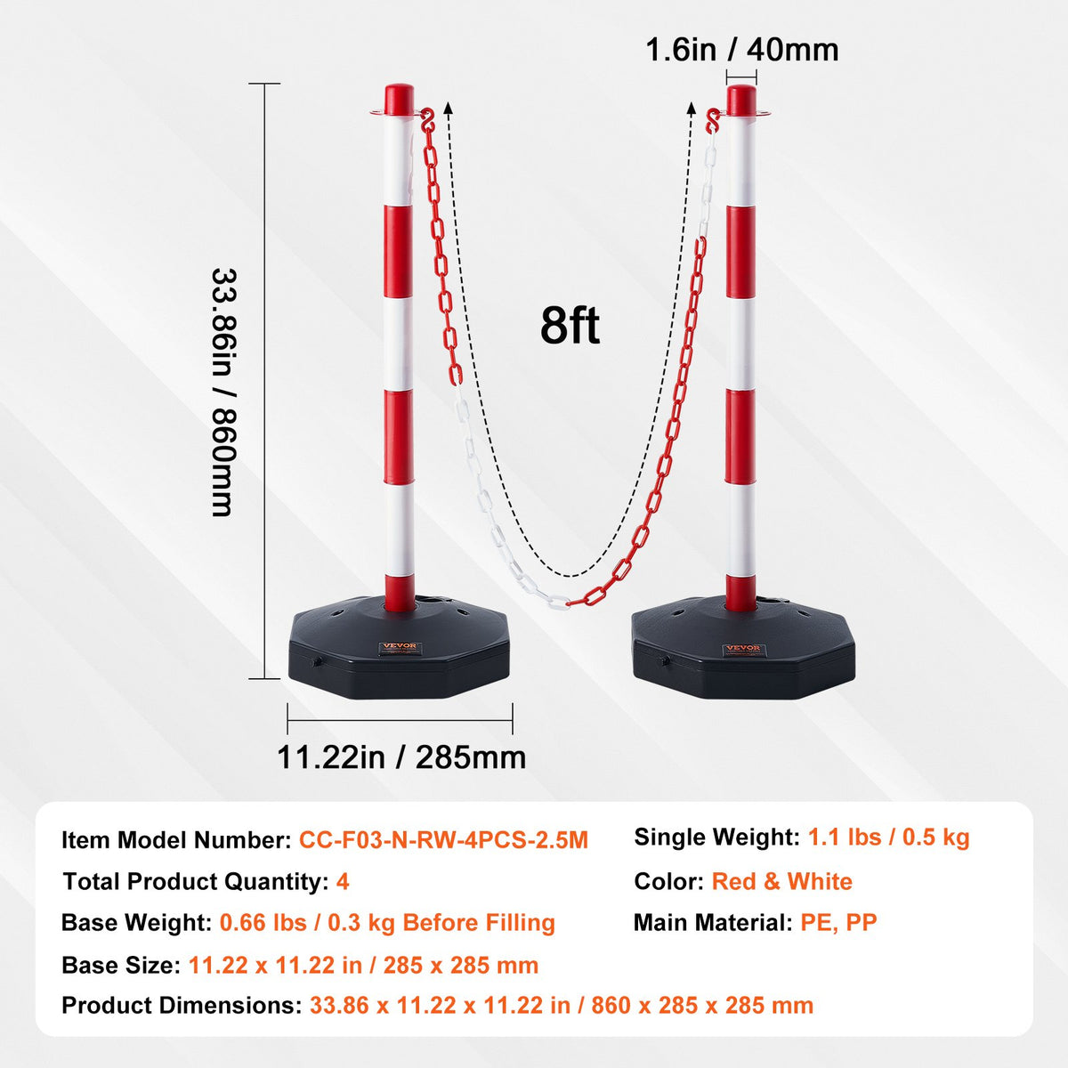 Justerbara trafikavgränsningskoner, 4-pack, trafiksäkerhetsavgränsare med fyllbar bas 2,44 m kätting, för trafikkontroll, varning, parkeringsplats, byggvarning, vägar, röd och vit