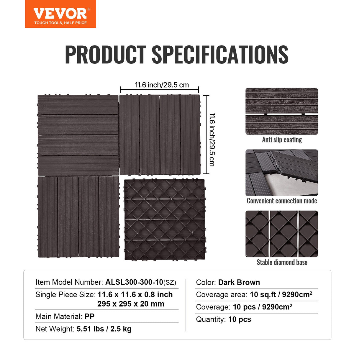 Sammankopplade altanplattor, 10-pack, 30x30 cm, 9 kvm, vattentät plast för utomhusbruk, väderbeständigt golv, altanplattor för veranda, pool, balkong, bakgård, mörkbrun