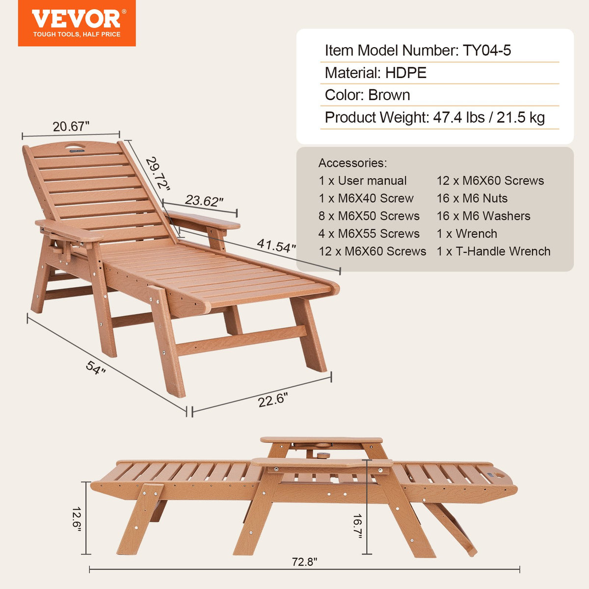 Schäslongfåtölj, 181 kg viktkapacitet, 6 positioner justerbar uteplatsloungestol, utomhus HDPE-loungestol med ryggstöd och mugghållare, för pool, pooldäck, bakgård, gräsmatta, brun