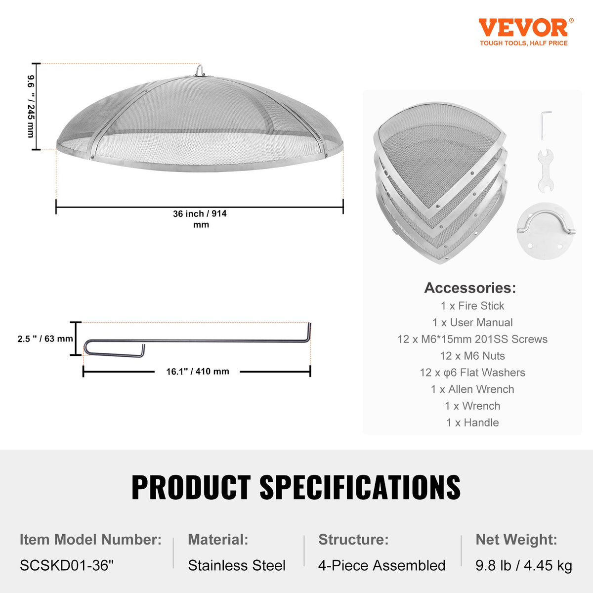 Fire Pit Spark Screen Round 36", Reinforced Heavy Duty Steel Metal Cover, Outdoor Firepit Lid, Easy-Opening Top Screen Covers Round with Ring Handle for Outdoor Patio Fire Pits Backyard