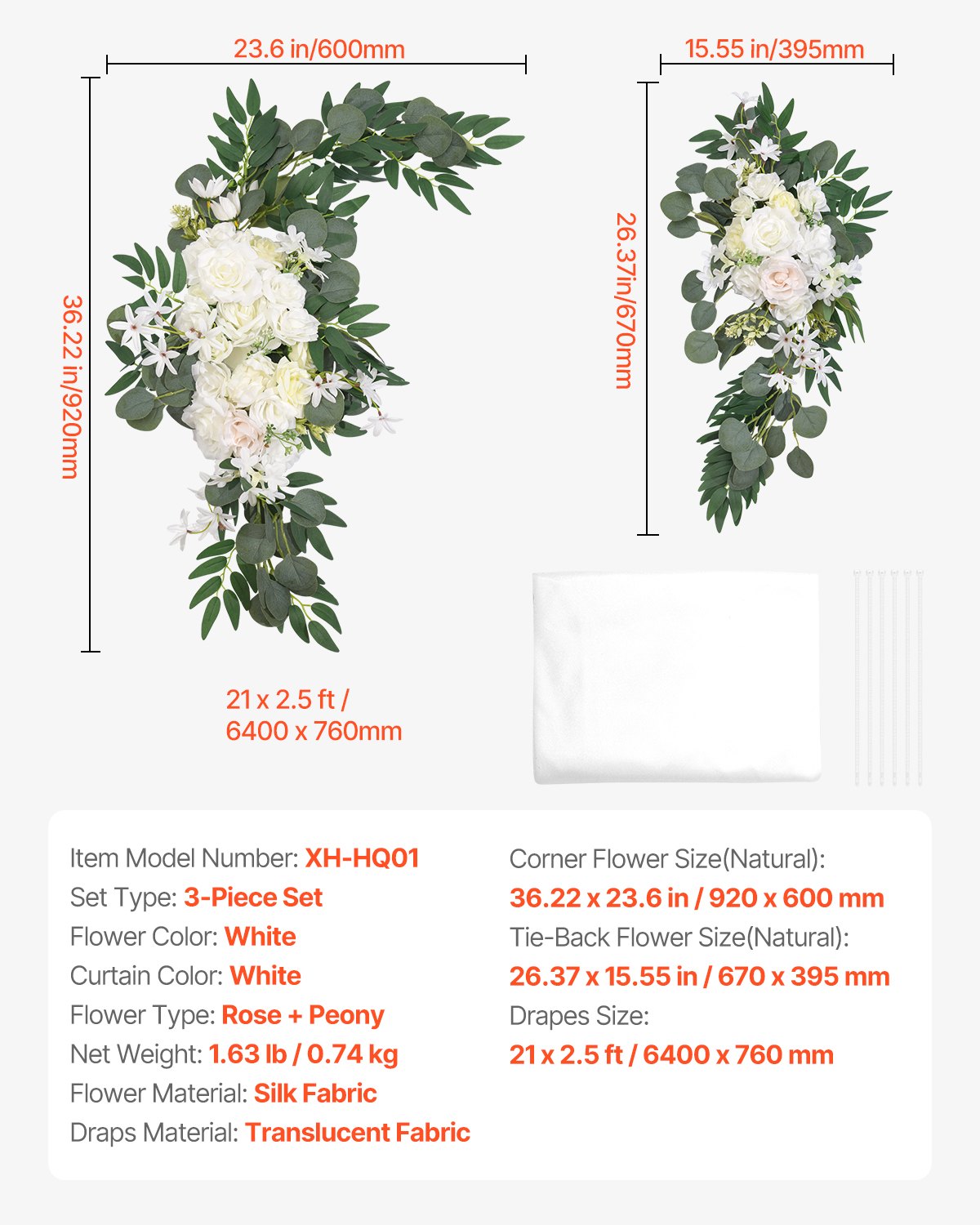 Konstgjorda bröllopsblommor, vita bröllopsblommor med draperier (3-pack) - 2 st blomsterarrangemang, 1 st transparenta draperier, för ceremonibuketter, mottagningsbakgrundsdekoration
