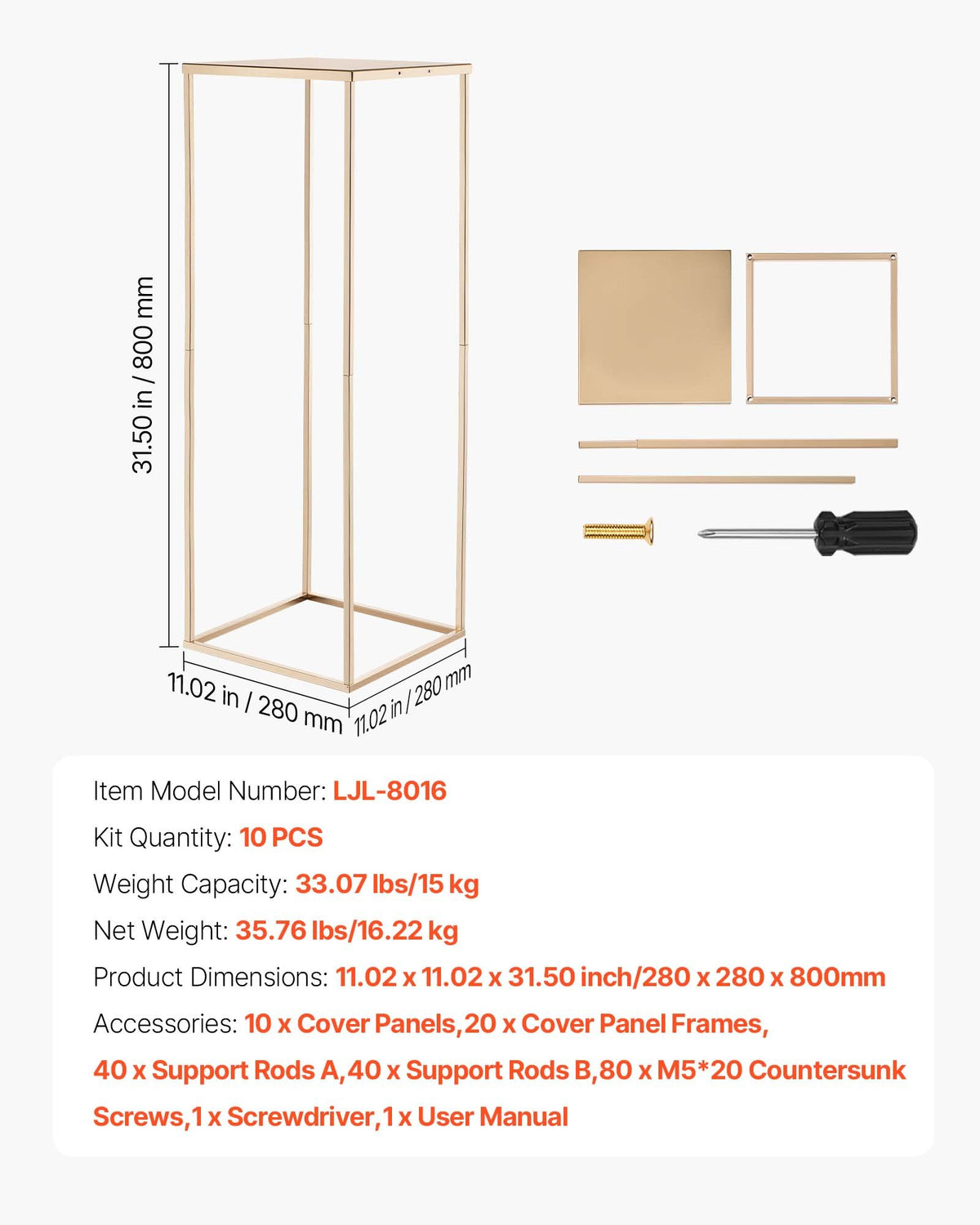 Wedding Flower Stand, 10PCS 80cm Column Flower Stand, Floral Stands with Metal Laminate, Gold Rectangular Floral Display Rack for Wedding, Party, Birthday, Home, Gold Centerpiece Stands
