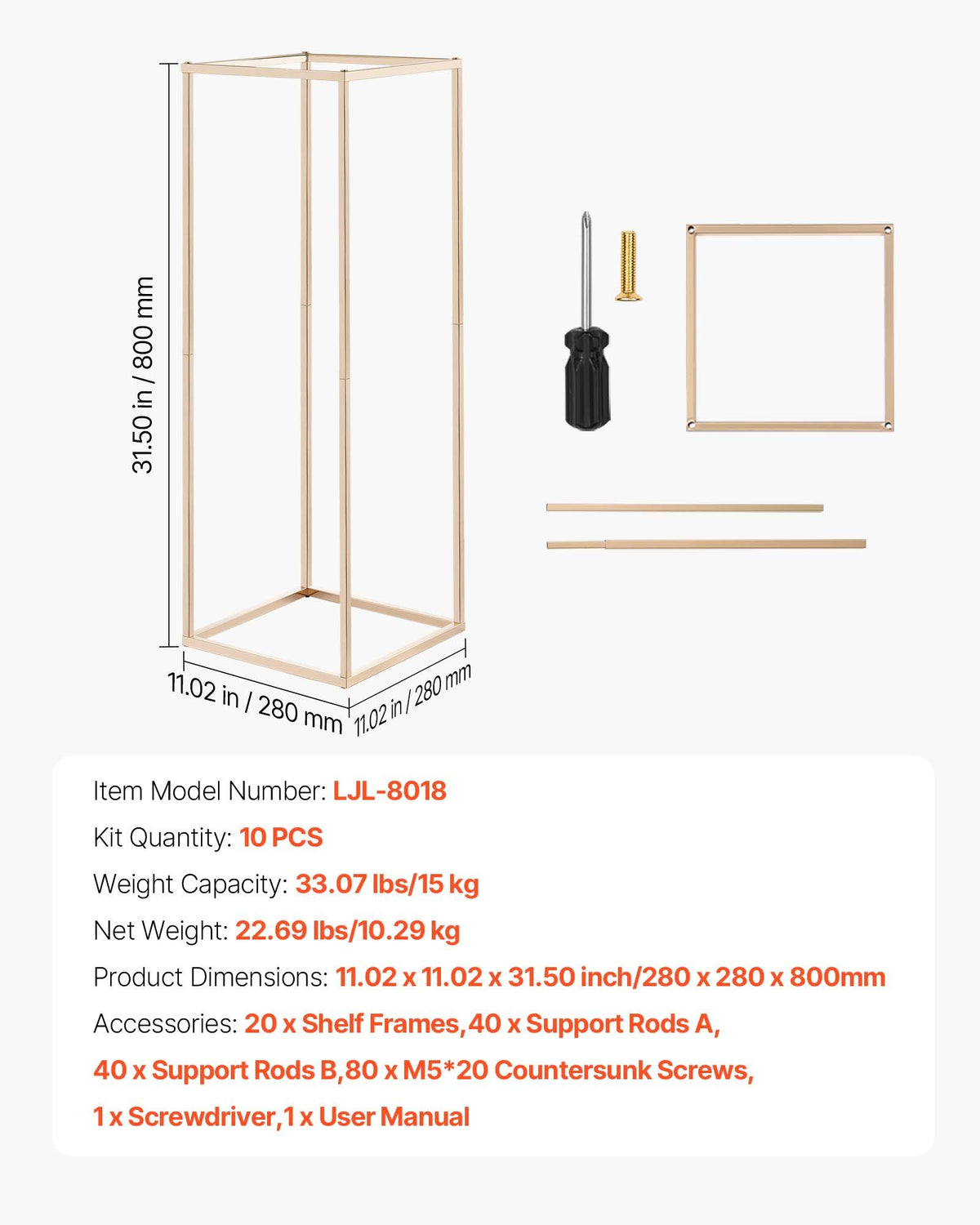 Wedding Flower Stand, 10PCS 80cm Column Flower Stand, Floral Stands with Hidden Screw, Rectangular Cubic Floral Display Rack for Wedding, Party, Birthday, Home, Gold Centerpiece Stands