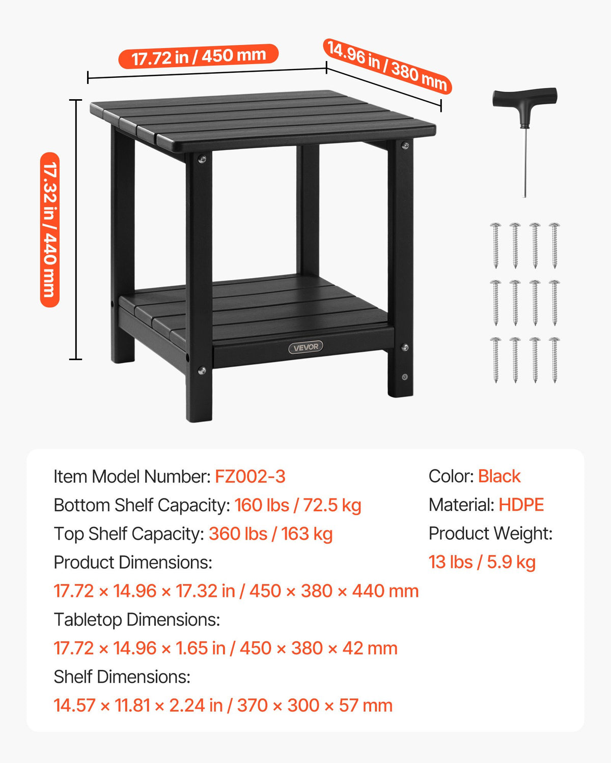 Sidobord för utomhusbruk, 450B x 380D x 440H mm, Dubbelskiktat HDPE-sidobord för enkelt underhåll, Tål tufft väder, Lämplig för uteplats, pool, strand, veranda, inomhus, bakgård, svart