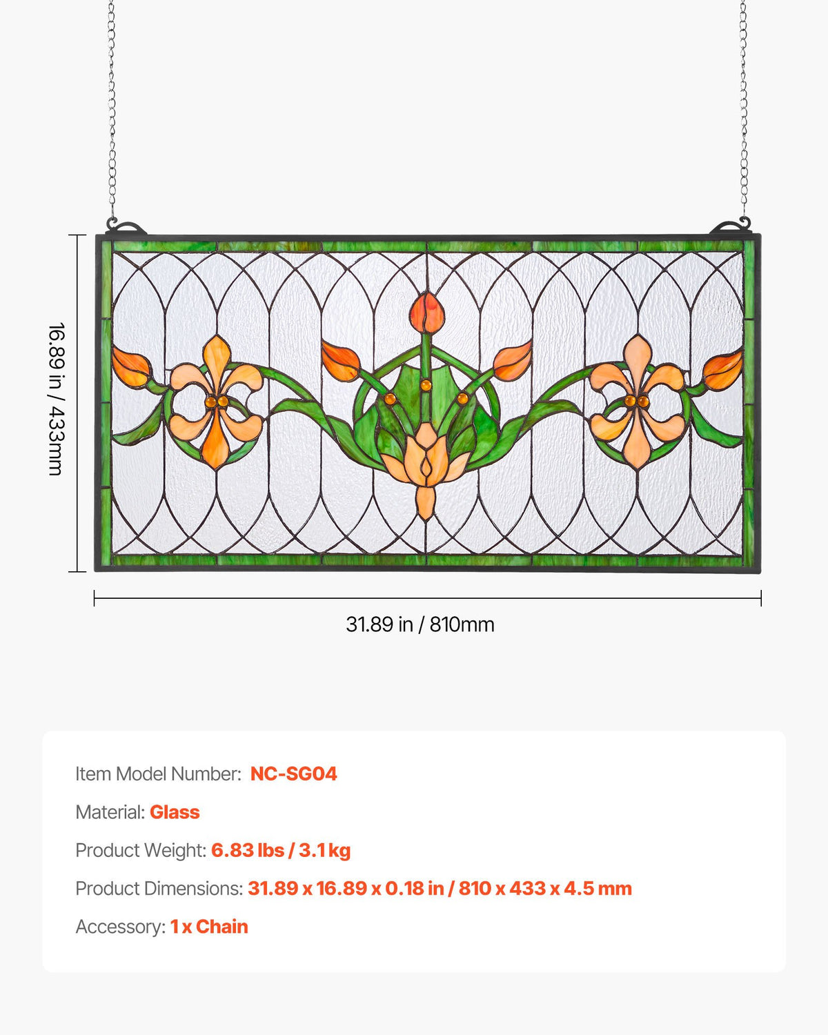 Stained Glass Window Panel, 810 x 433 mm, Tiffany Style Hanging Transom Window Panel with Chain, Large Horizontal Rectangle Stain Glass, Vintage Traditional Art Handcrafts for Kitchen Home Decor