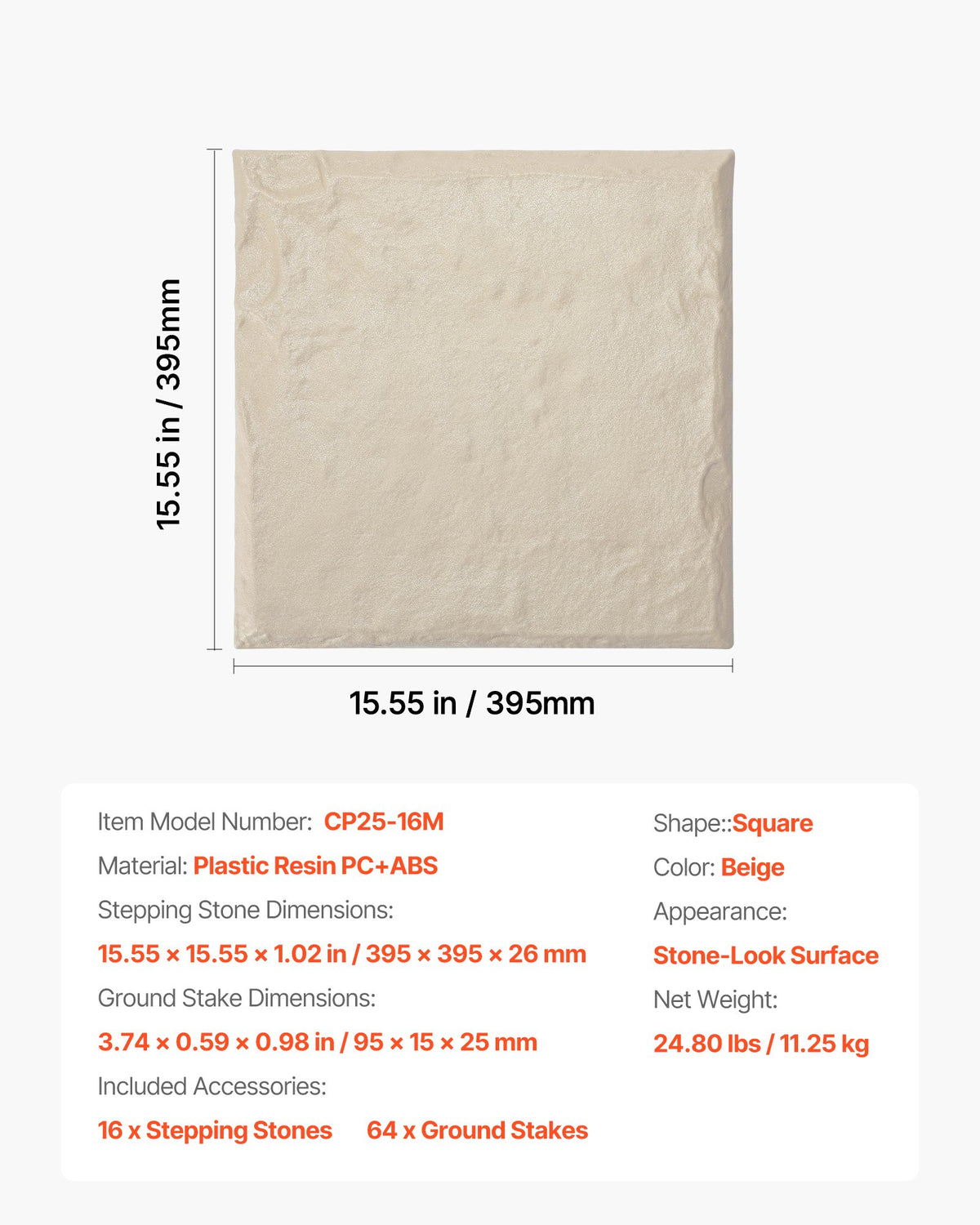 Trädgårdsstenar, 16 st 39,5x39,5 cm, dekorativa trappstenar med pålar, väderbeständiga plastgångstenar, slät yta, utomhusgångväg för gräsmatta, uteplats, landskap, beige