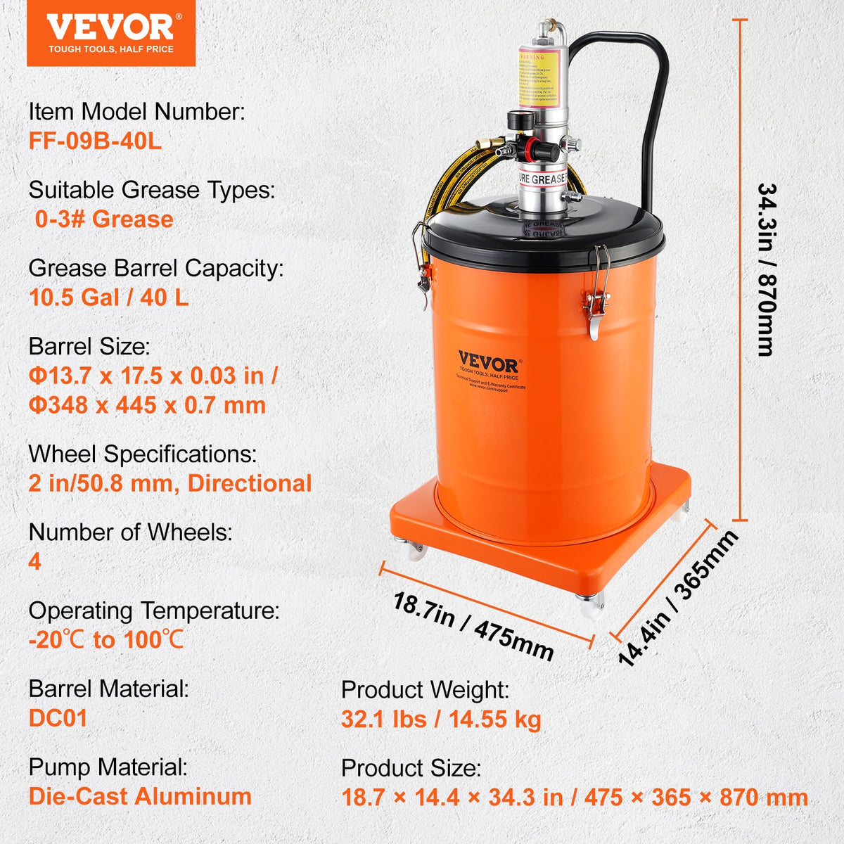 Fettpump, 10,5 gallon 40 liters luftdriven fettpump med 13 fot högtrycksslang och fettspruta, pneumatisk fetthinkpump med hjul, bärbar smörjfettpump 50:1 tryckförhållande