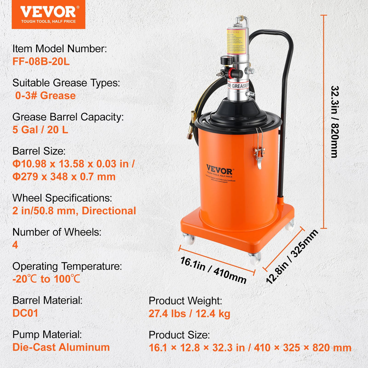 Fettpump, 5 gallon 20 l, luftdriven fettpump med 13 fot högtrycksslang och fettspruta, pneumatisk fetthinkpump med hjul, bärbar smörjfettpump 50:1 tryckförhållande